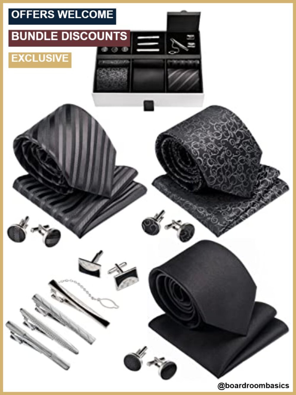 Silky Polyester Men's Tie Set with Pocket Squares, Tie Clips & Cufflinks,